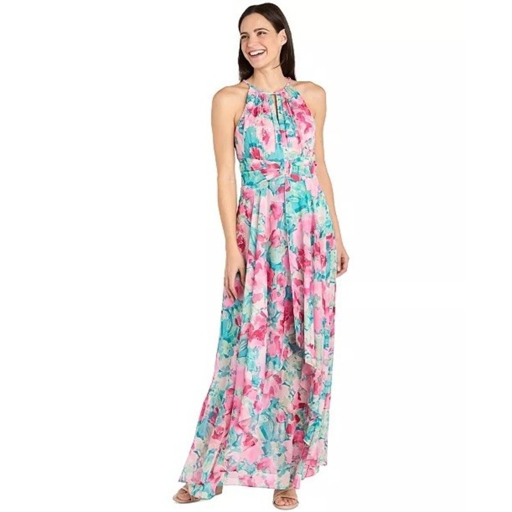 NWT R&M Richards Maxi Dress Womens Pink Teal Floral Metallic Chiffon 10 $149
